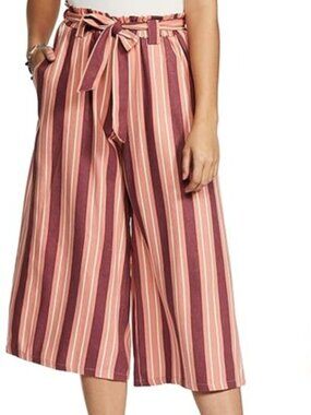Cotton On Linen Crop Pants 6 Wide Leg Gaucho POCKETS Tie Belt Rose Stripe Beach